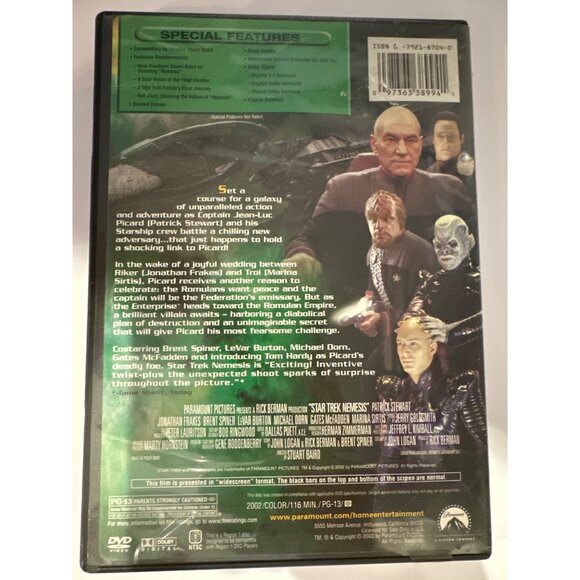 Star Trek Nemesis DVD Patrick Stewart Captain Jean Luc Picard Data Brent Spiner - Picture 2 of 4